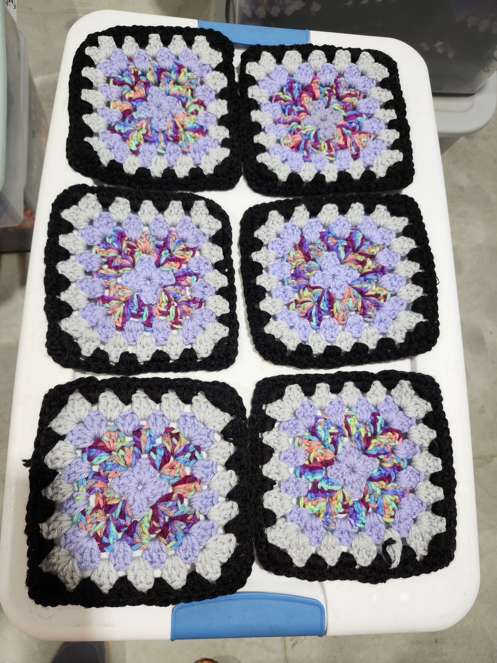 Handmade Crochet Granny Squares - Lavender, Black & Multicolor 6 Pc #4